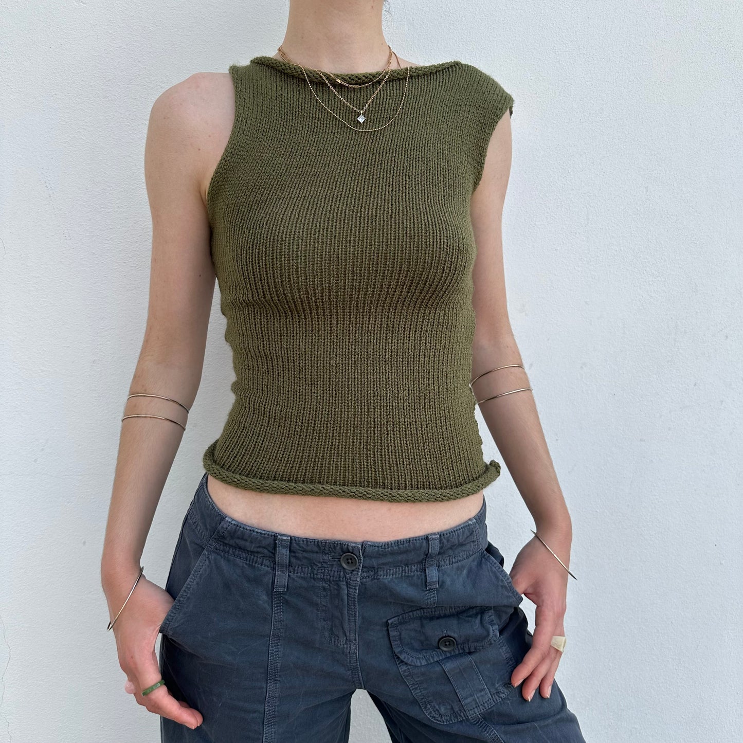 Handmade khaki green off the shoulder knit vest