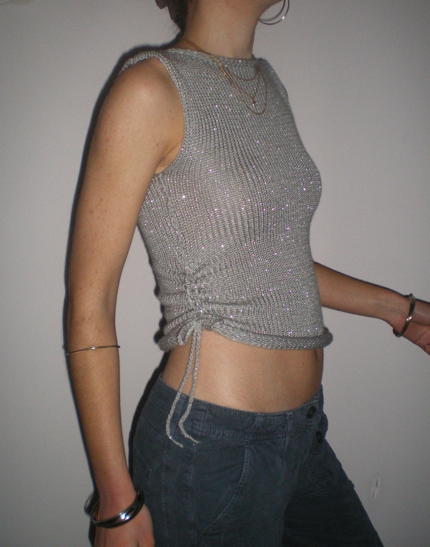 Handmade silver metallic ruched knitted vest