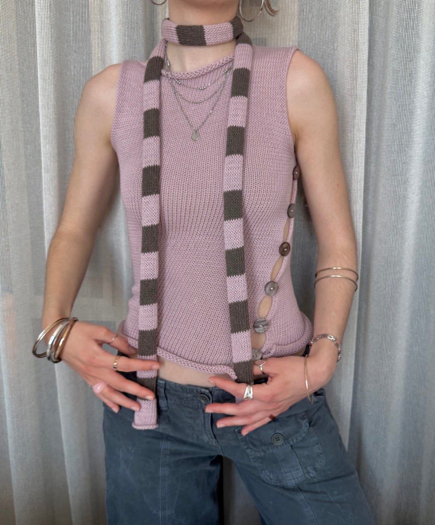 Handmade cotton knitted dusky pink and mocha striped skinny scarf / belt