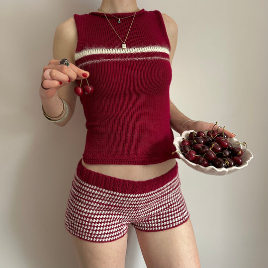 The Cherry Shorts - dark red and cream striped crochet shorts