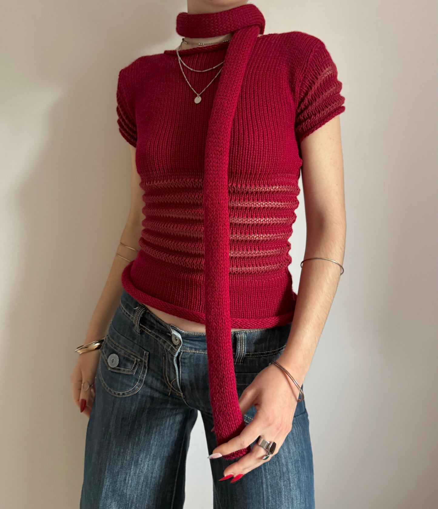 The Ripple Tee in cherry red - handmade shirred top with puff sleeves