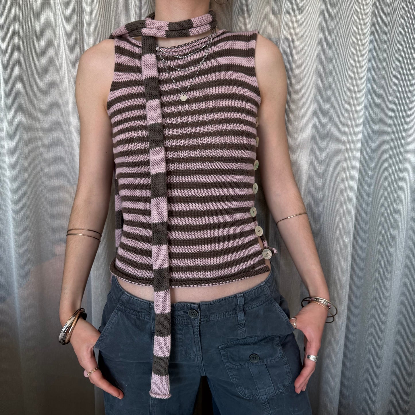Handmade cotton knitted dusky pink and mocha striped skinny scarf / belt