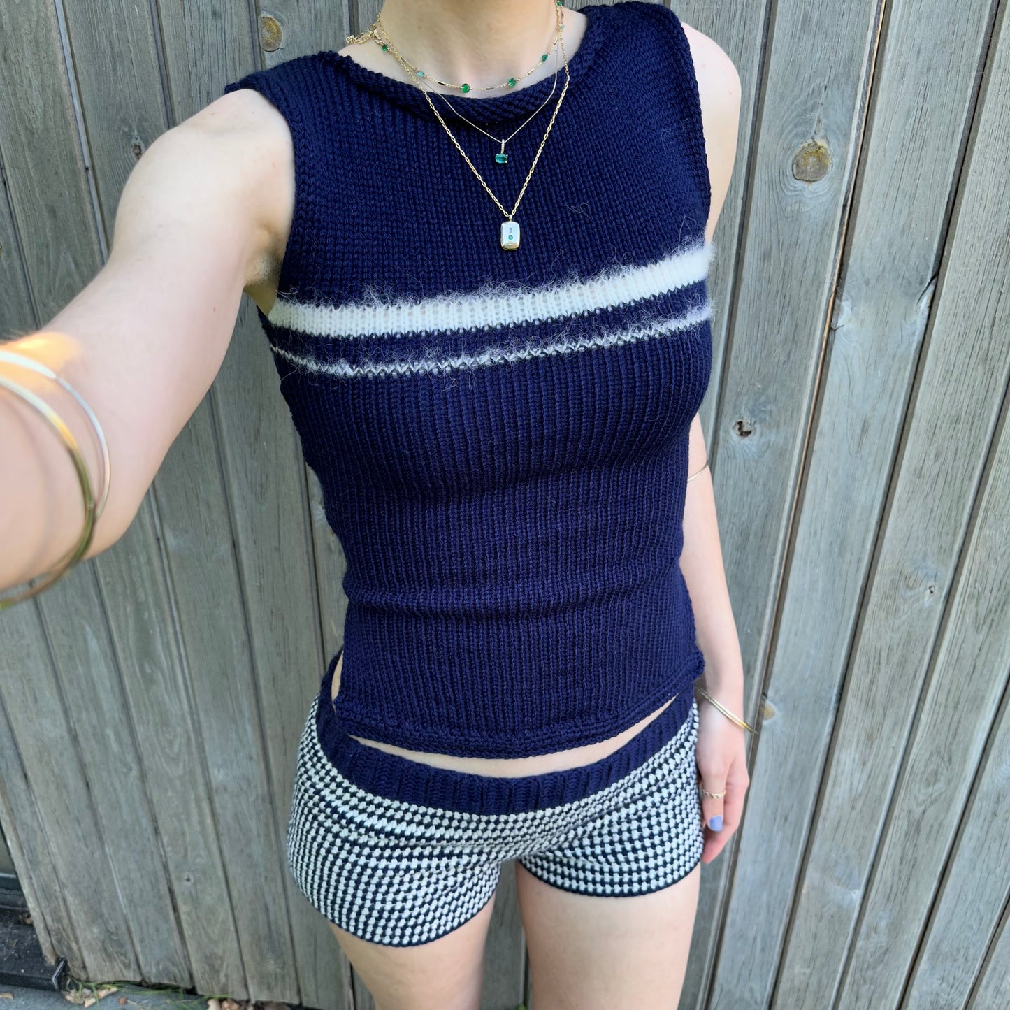 The Blueberry Vest: handmade navy blue and cream striped vest top - choose with or without bow back