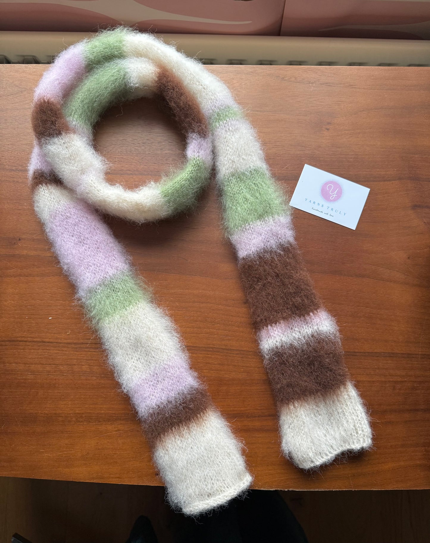 Handmade cream, light green, brown and baby pink fluffy striped scarf - choose full width or skinny 🌸