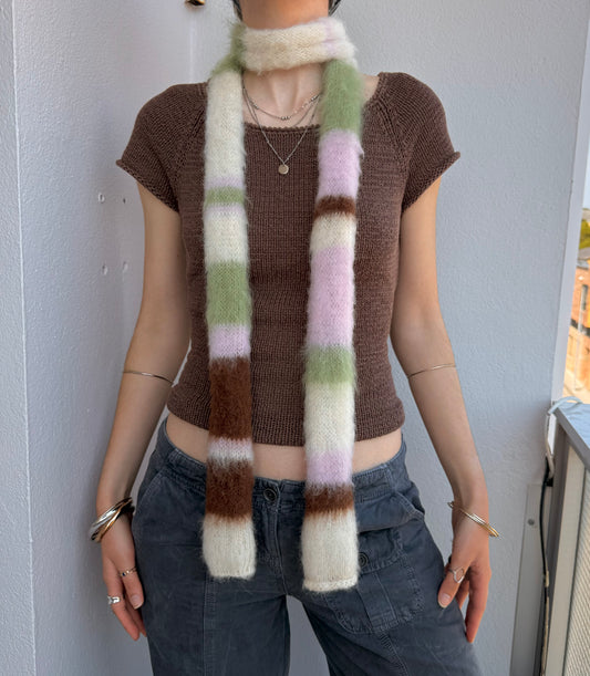Handmade cream, light green, brown and baby pink fluffy striped scarf - choose full width or skinny 🌸