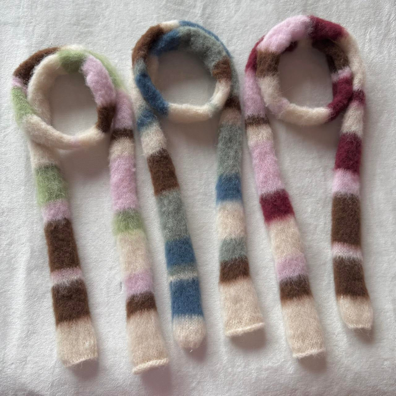 Handmade cream, sage green, brown and denim blue fluffy striped skinny scarf 🌿