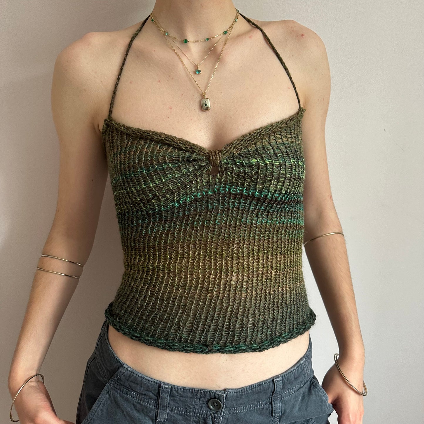Handmade green and brown ruched bust ombré knitted halter top