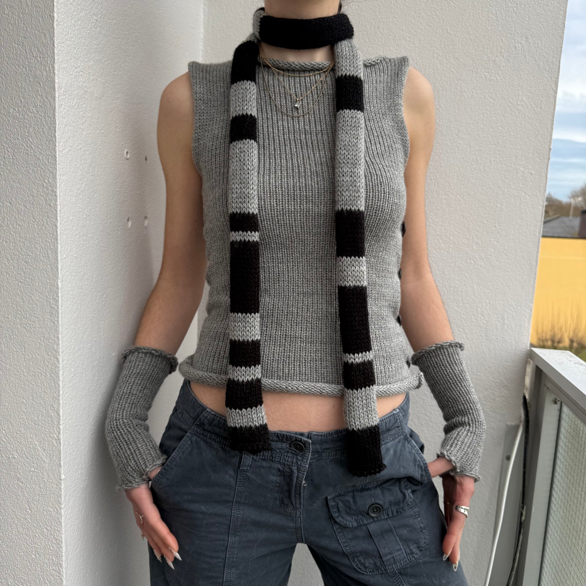 grey and black striped skinny scarf