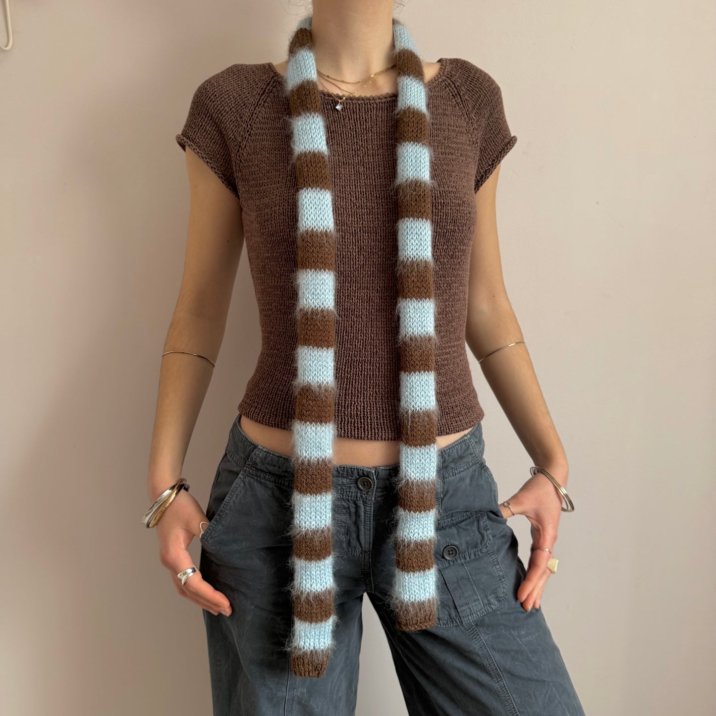 brown and blue knitted striped skinny scarf full length