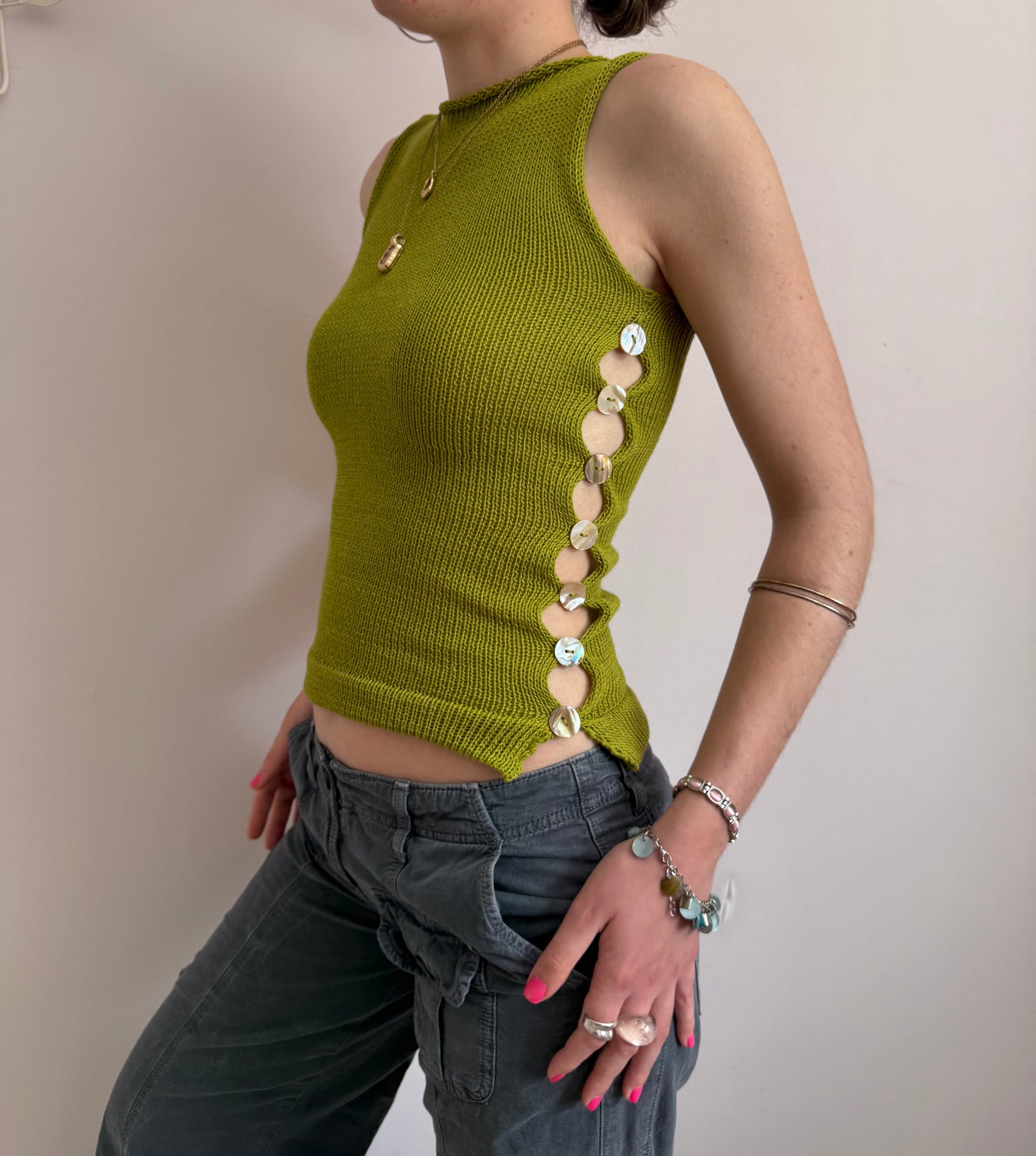 The Pearl Vest in lime green - with mother of pearl buttons