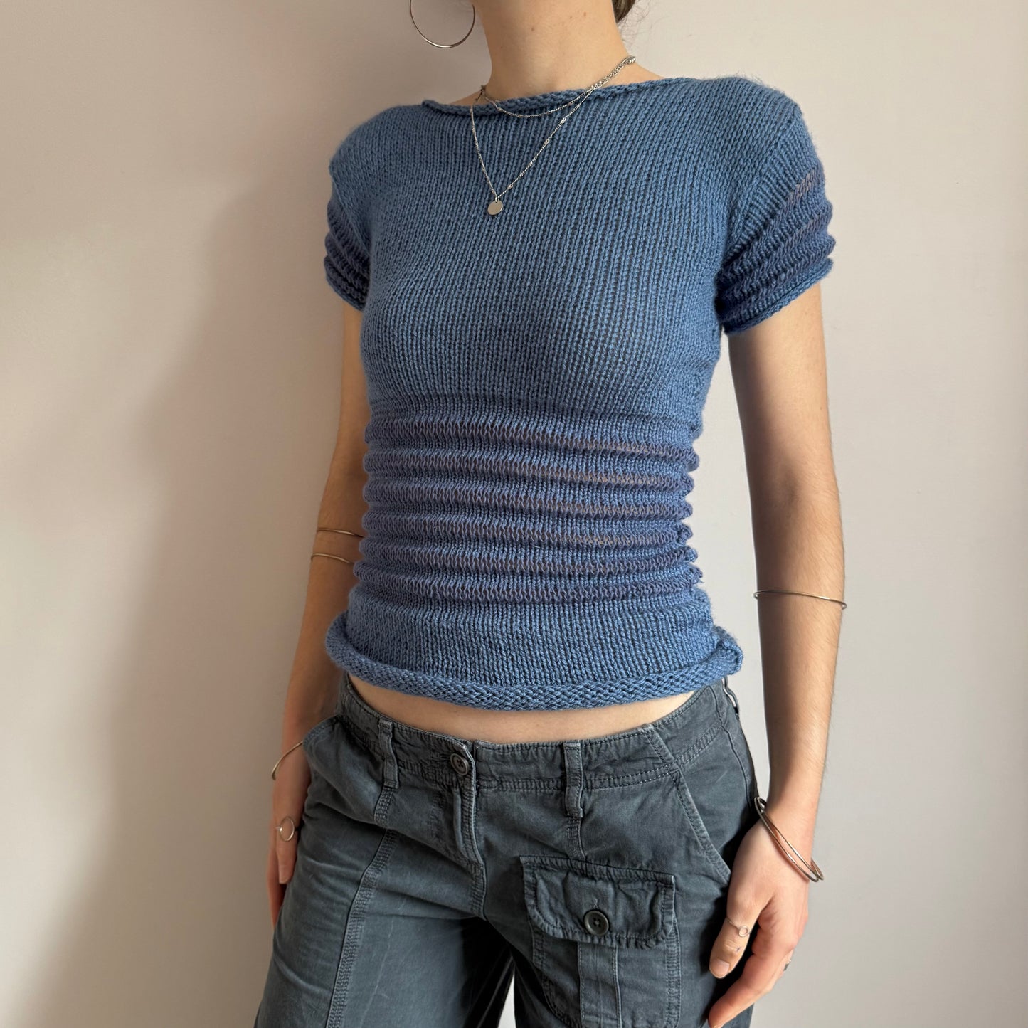 The Ripple Tee - handmade denim blue shirred top