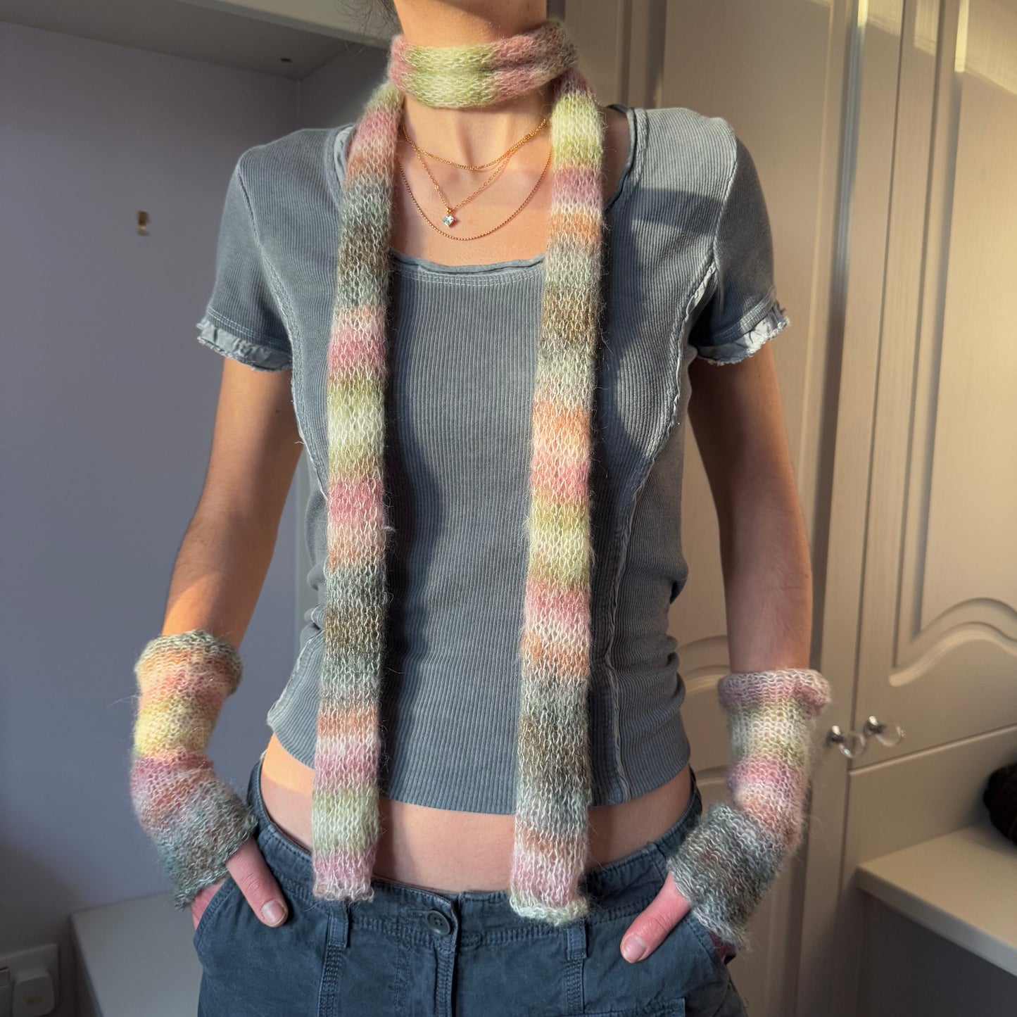 Handmade pastel shades knitted mohair ombré skinny scarf