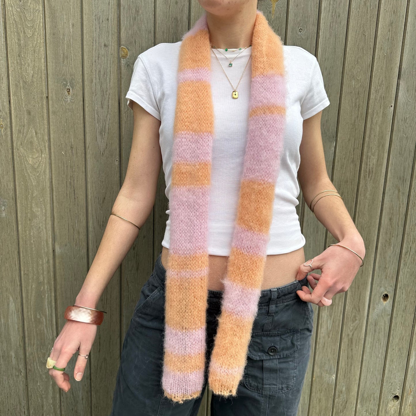 Handmade knitted baby pink and orange fluffy mohair striped scarf