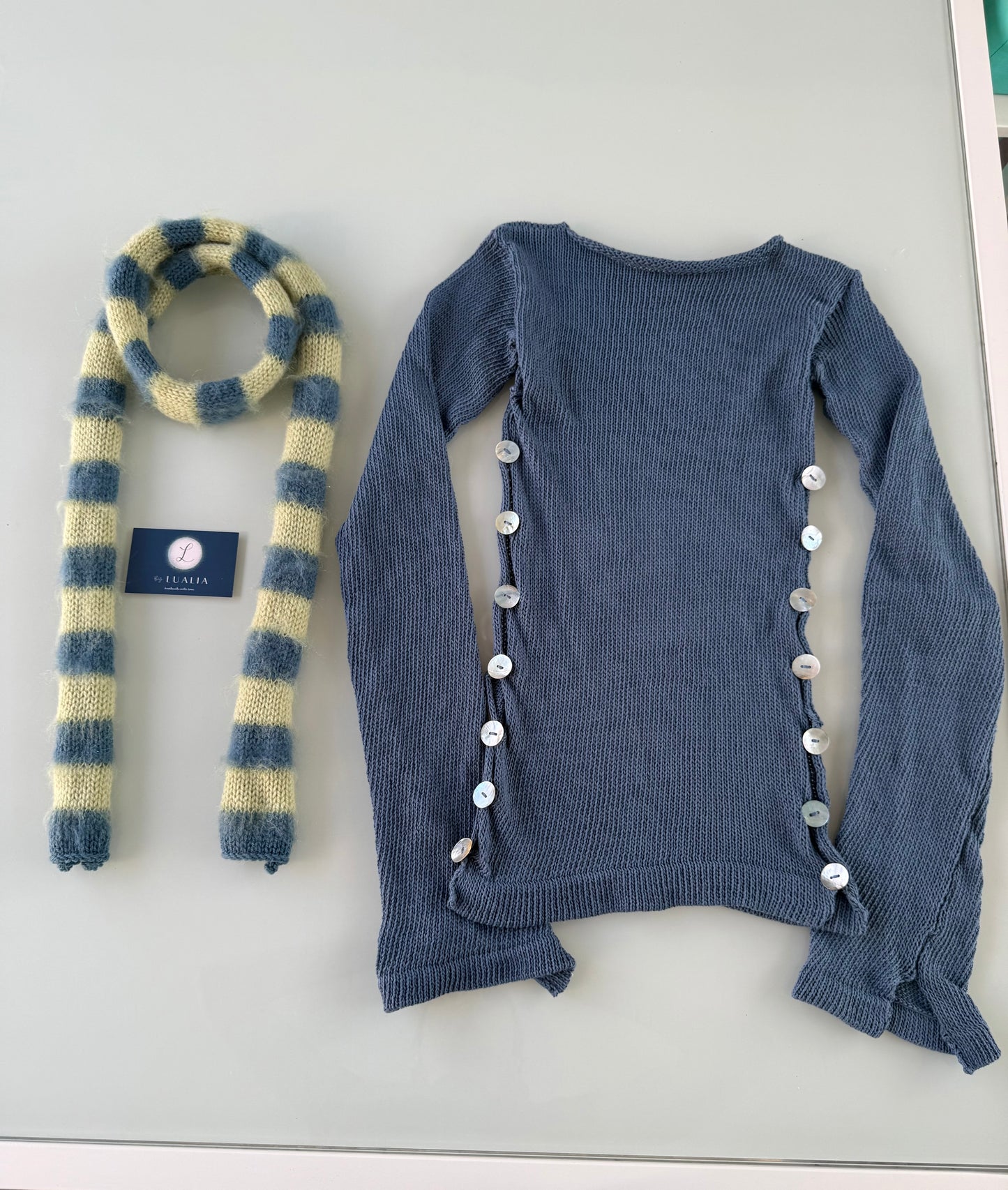 Handmade blue and green mohair striped skinny scarf - pre made