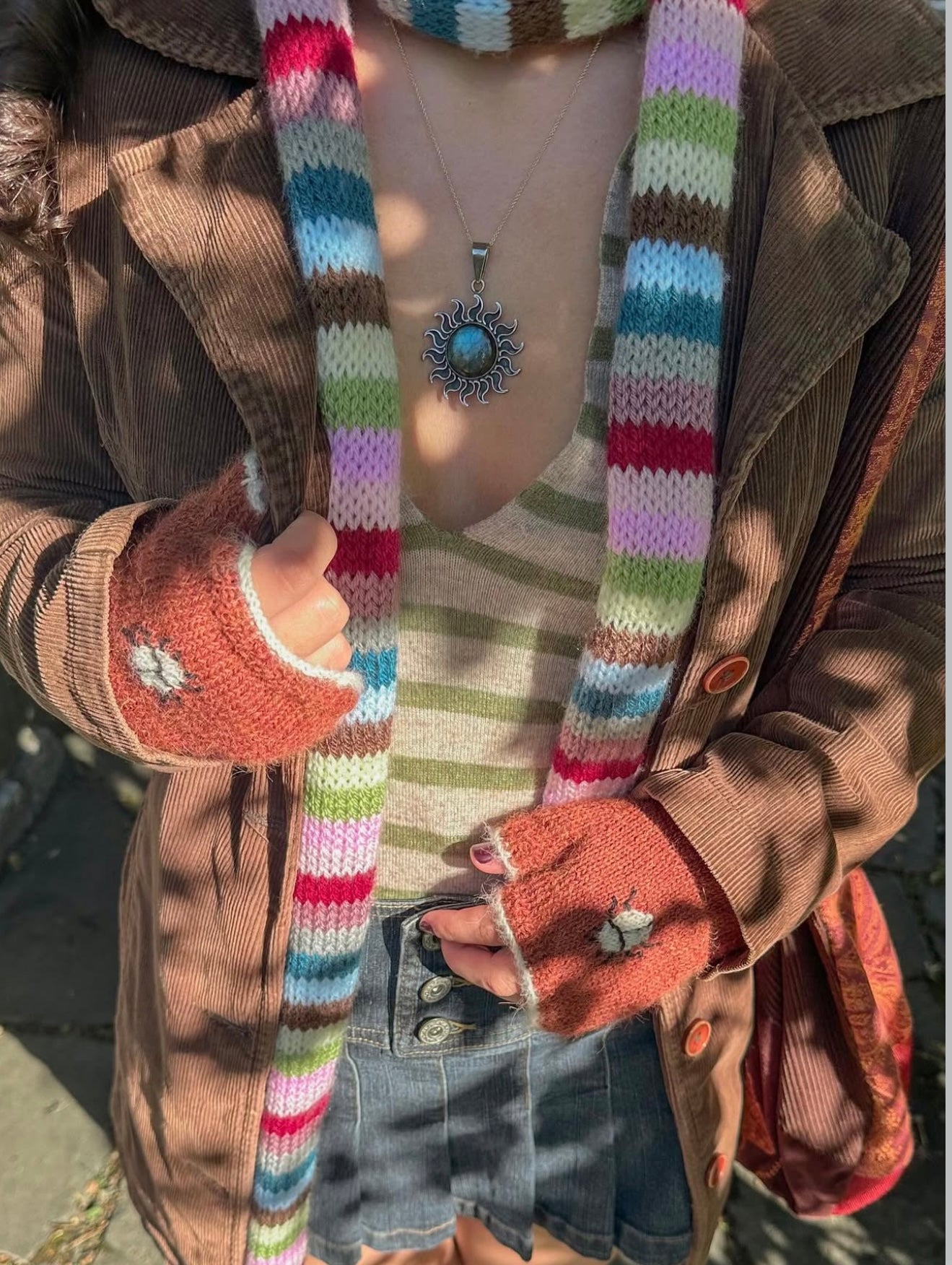 Handmade knitted multicoloured striped skinny scarf