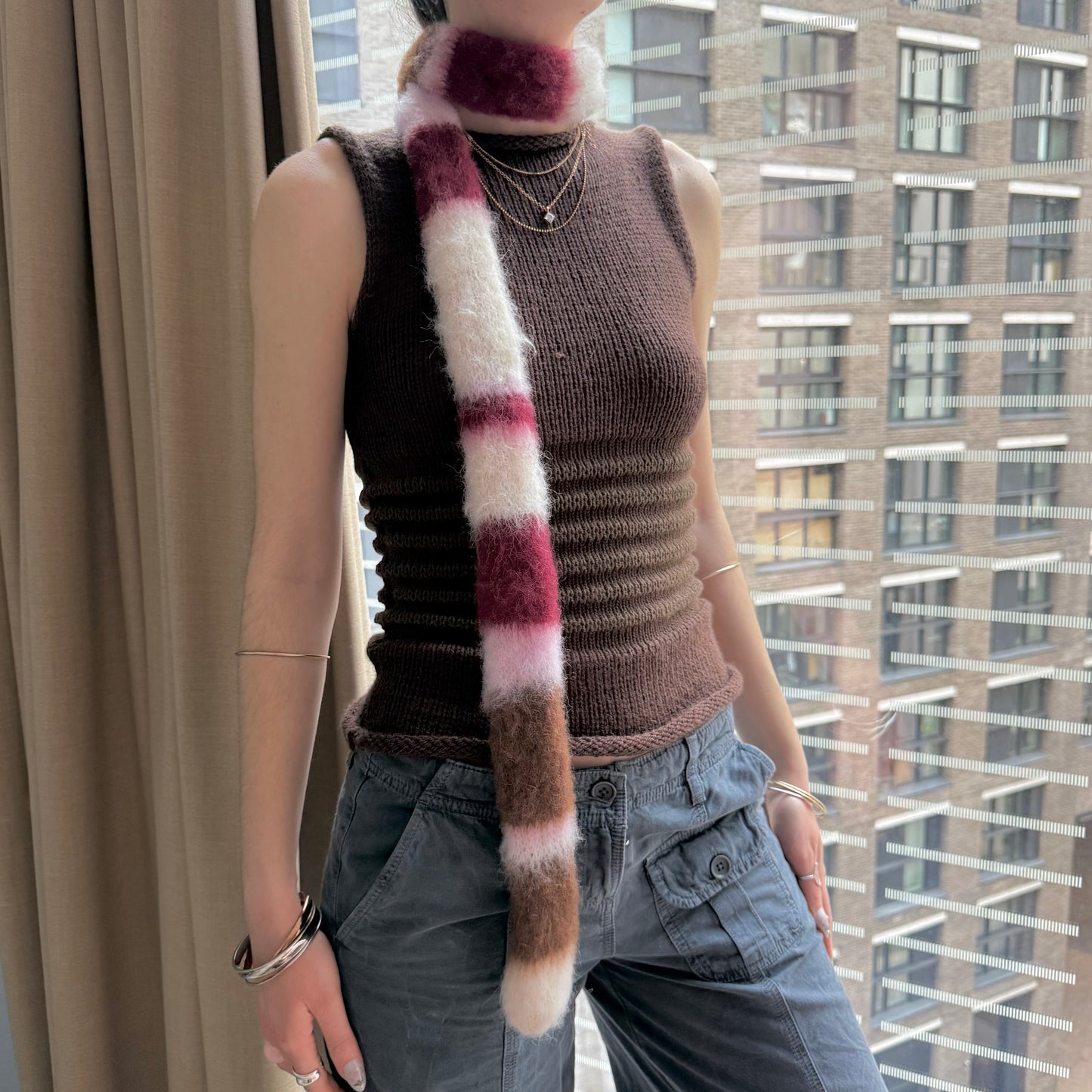 Handmade cream, burgundy, brown and baby pink fluffy striped scarf - choose full width or skinny 🌸