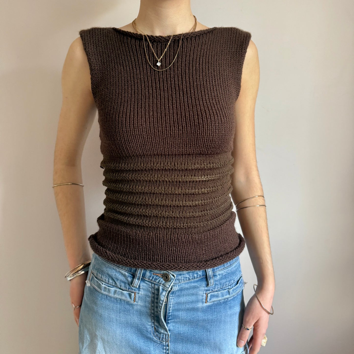 Handmade brown shirred knitted vest