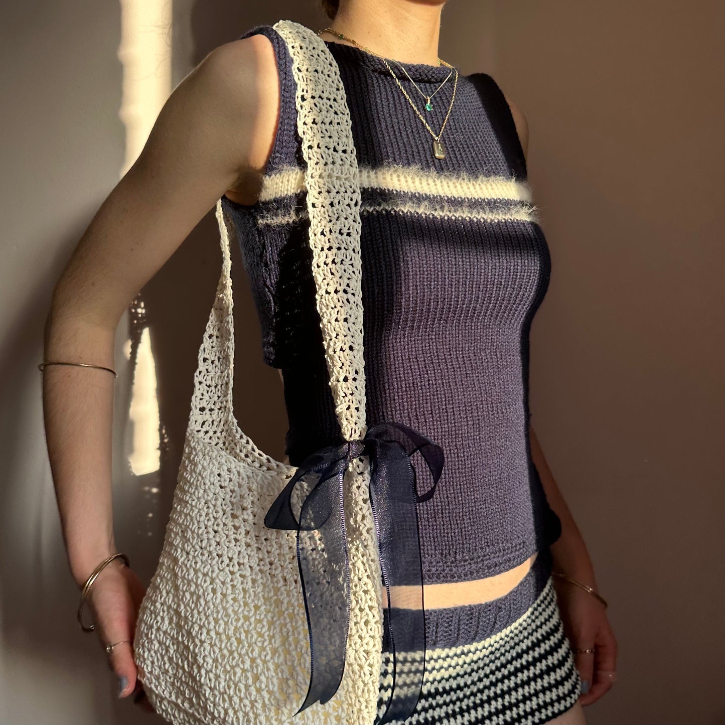 The Blueberry Vest: handmade navy blue and cream striped vest top - choose with or without bow back