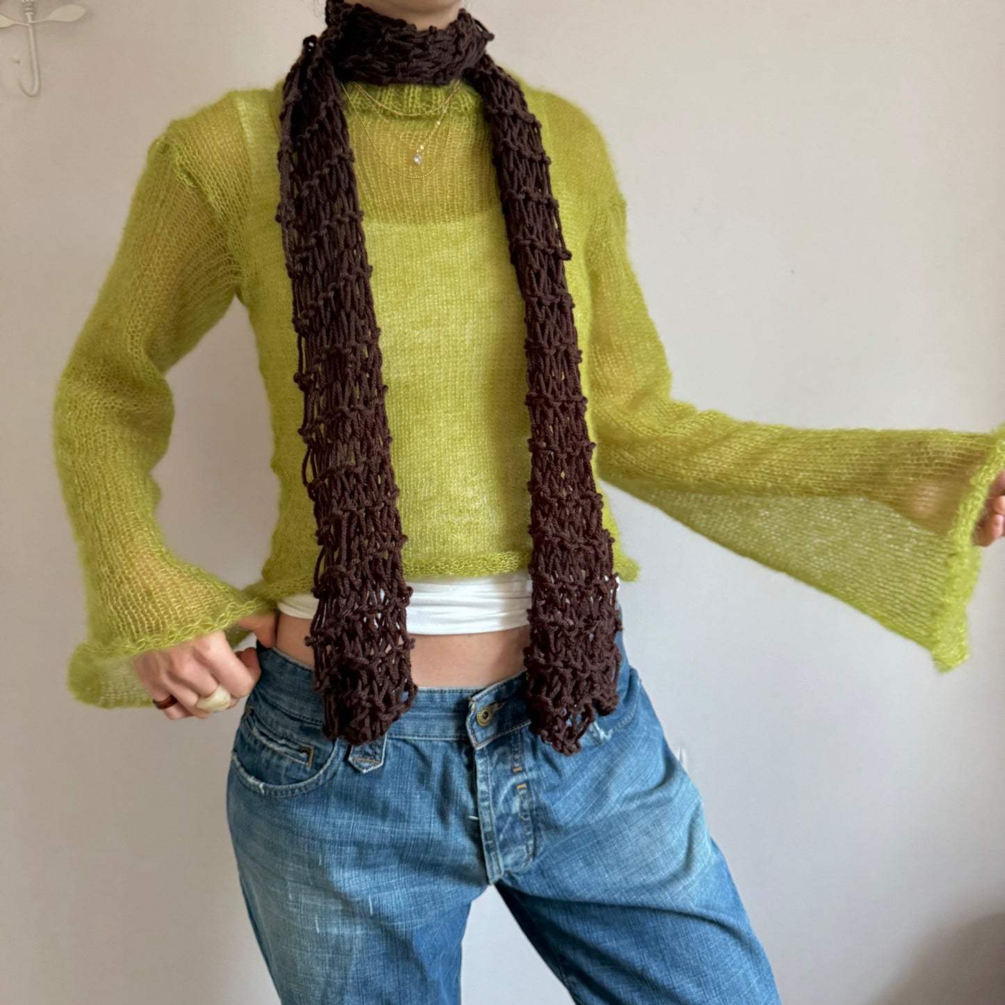 Handmade fishnet knitted scarf in brown
