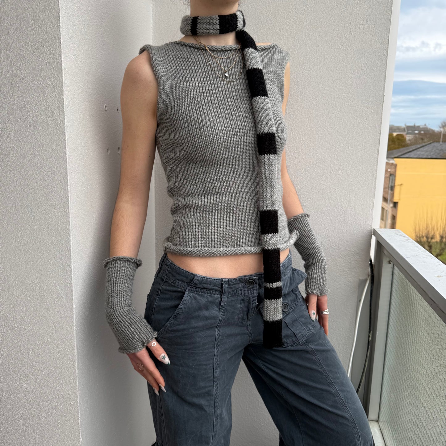black and grey skinny scarf
