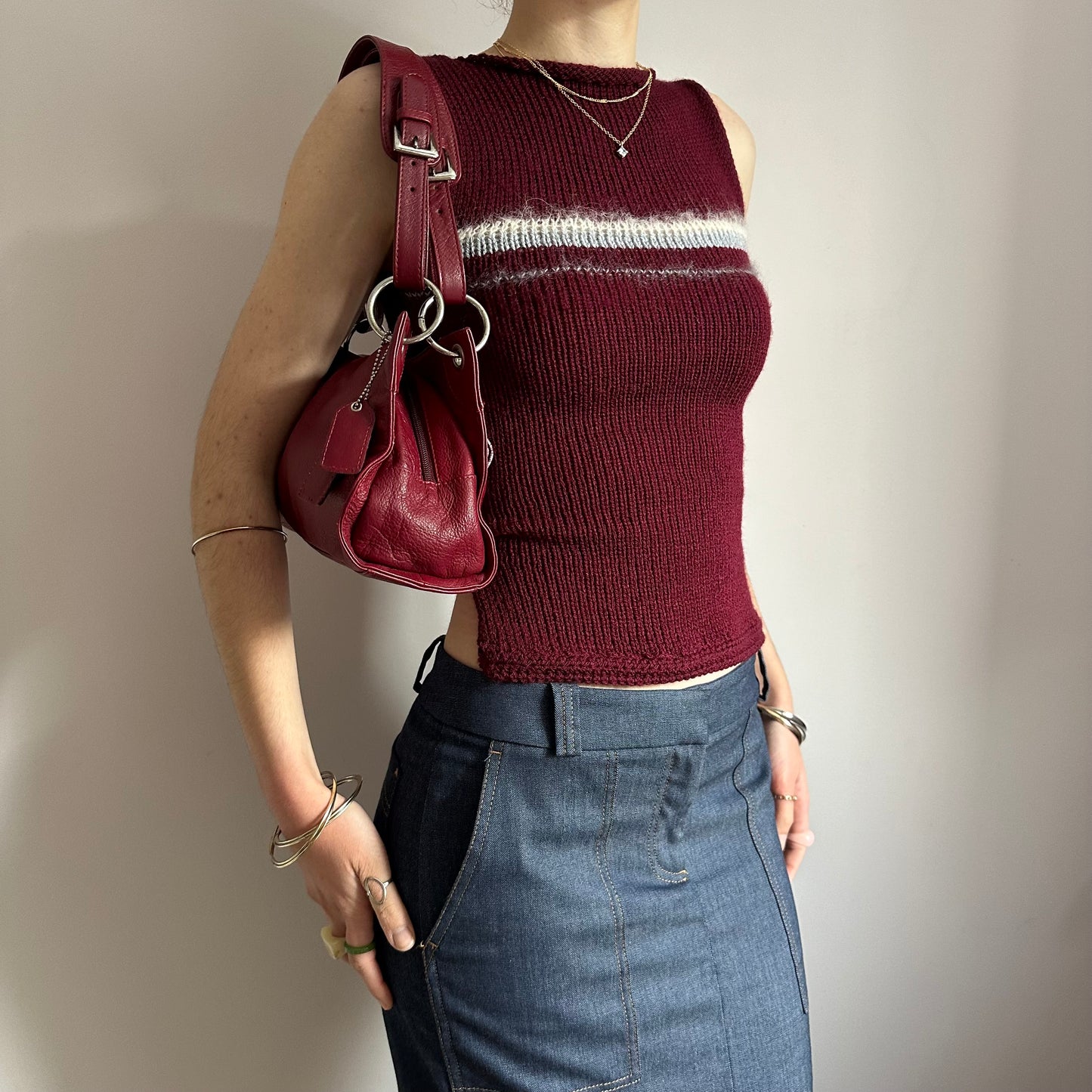 The Bordeaux Vest: handmade burgundy, grey and cream striped knitted tank top - choose with or without bow back