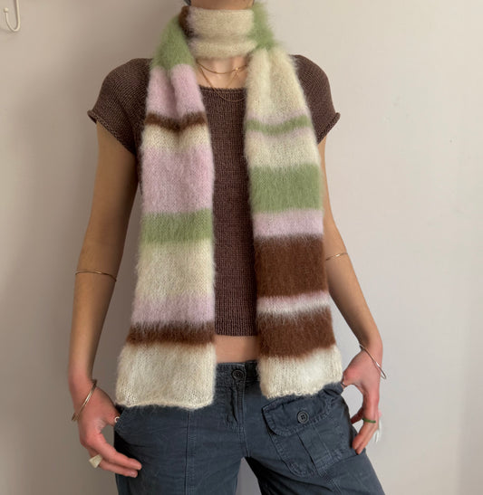 Handmade cream, light green, brown and baby pink fluffy striped scarf - choose full width or skinny 🌸