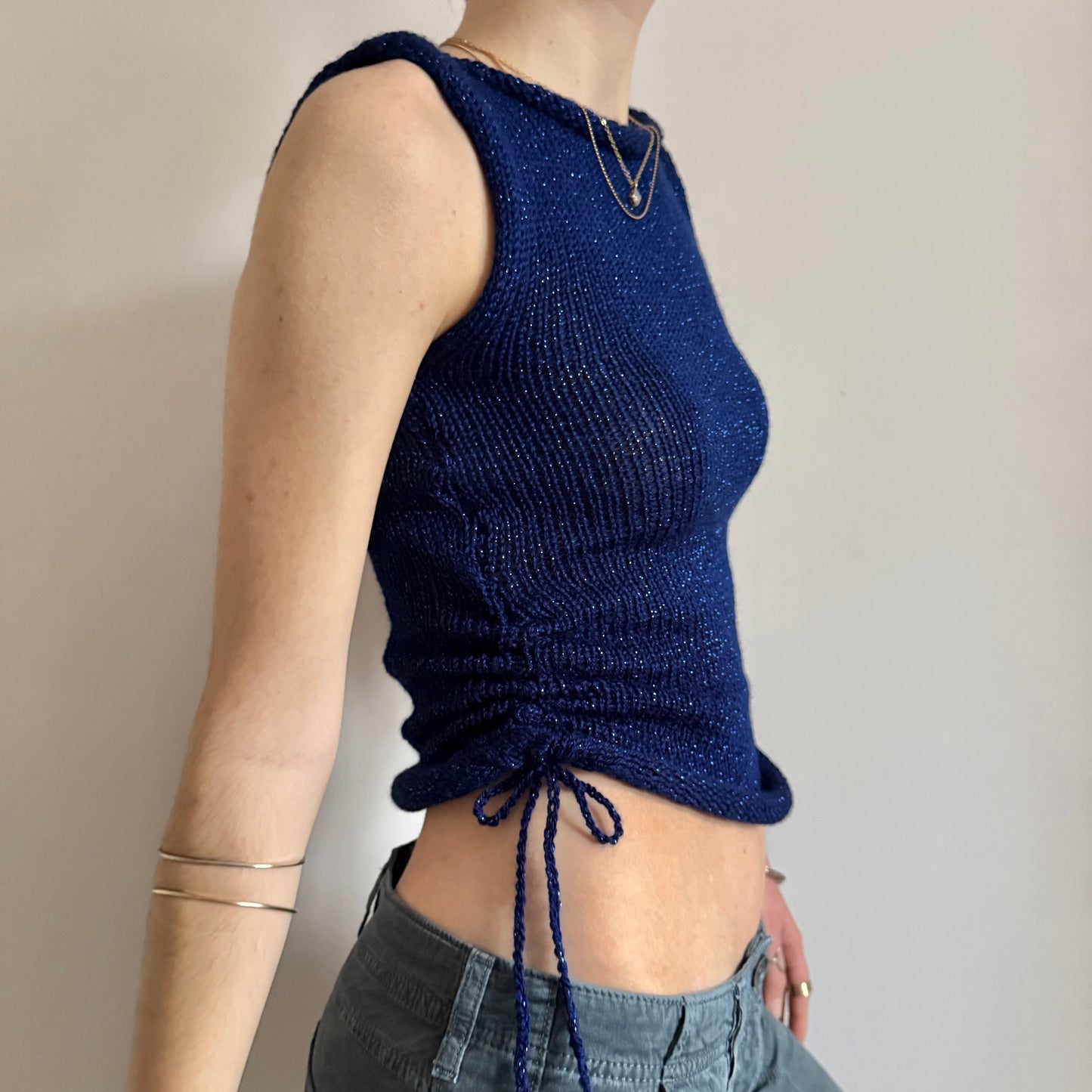 Handmade dark blue metallic ruched knitted vest