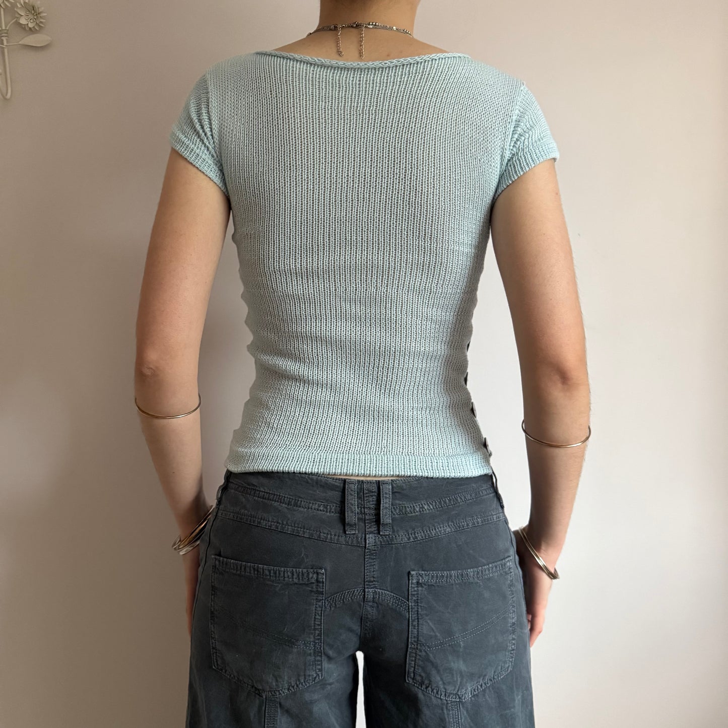 Handmade baby blue and grey striped knit button tee - limited edition 🩵