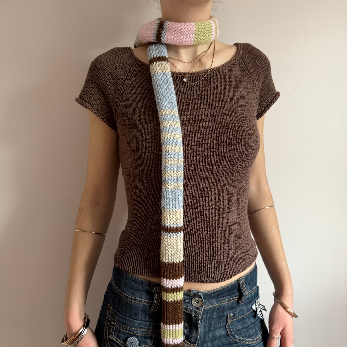 The Springtime Scarf - handmade knitted multicoloured striped skinny scarf