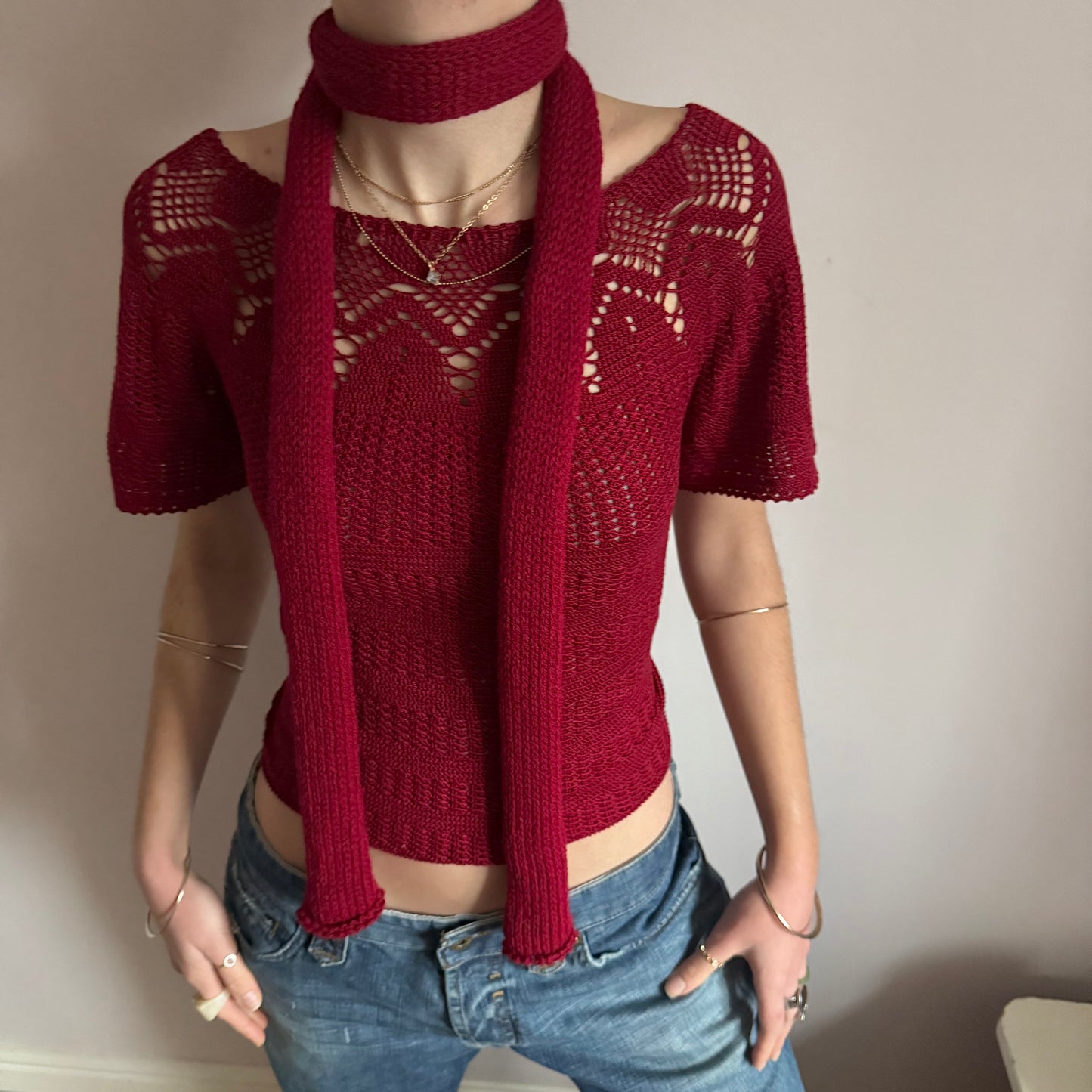 Handmade knitted skinny scarf in dark red