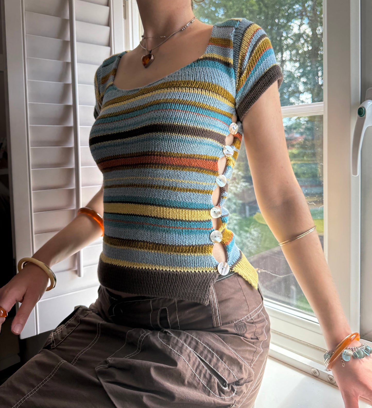 Retro Striped Scoop Neck Pearl Tee (pre made in size S)