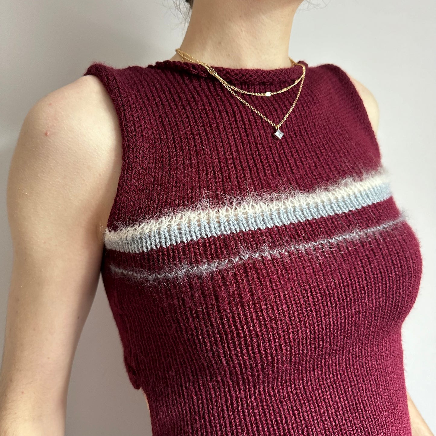 The Bordeaux Vest: handmade burgundy, grey and cream striped knitted tank top - choose with or without bow back