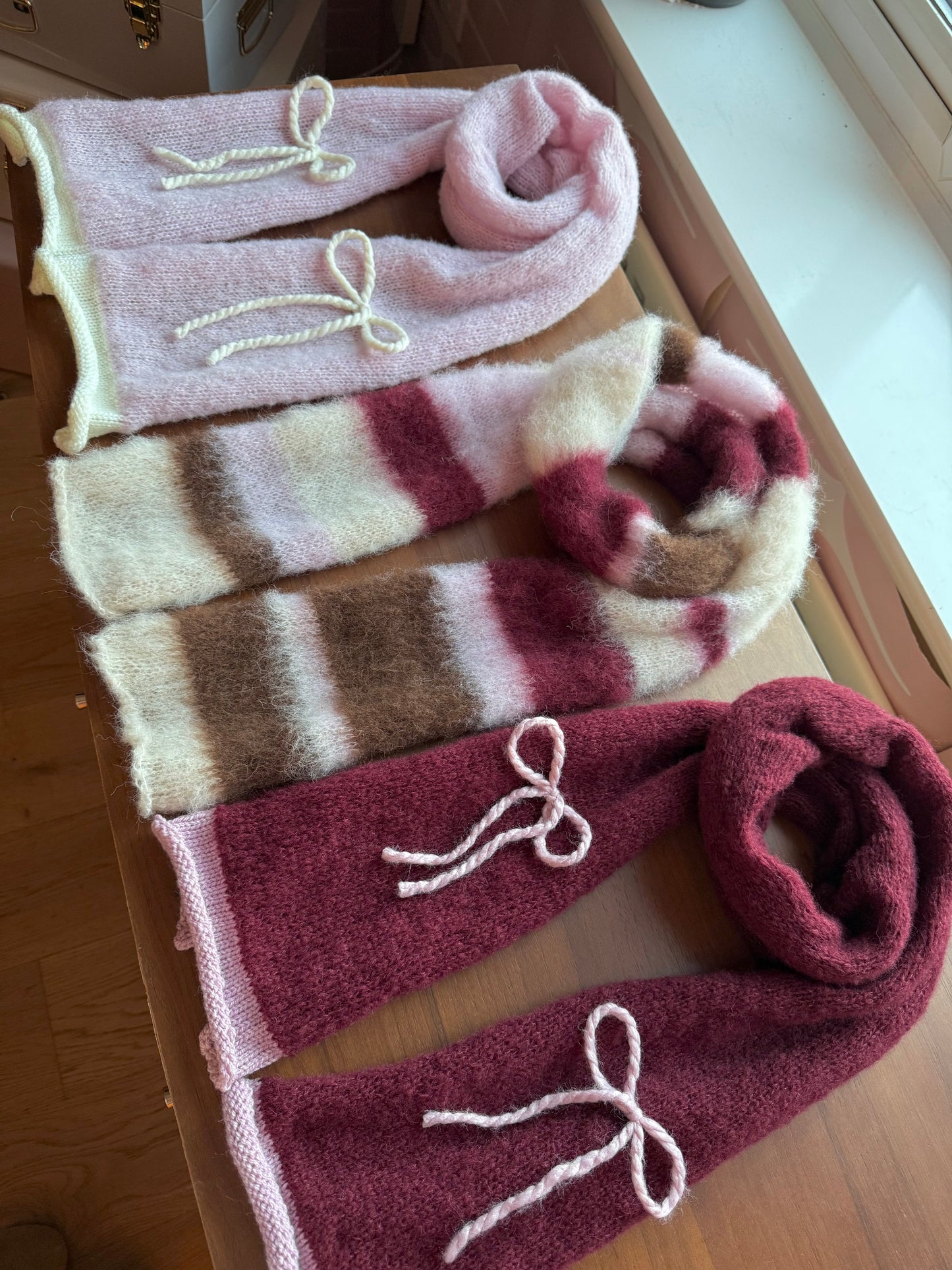 Handmade cream, burgundy, brown and baby pink fluffy striped scarf - choose full width or skinny 🌸