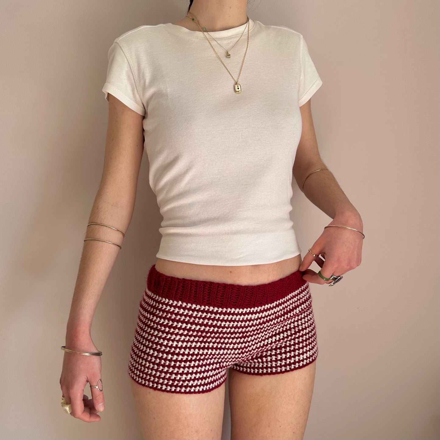 The Cherry Shorts - dark red and cream striped crochet shorts