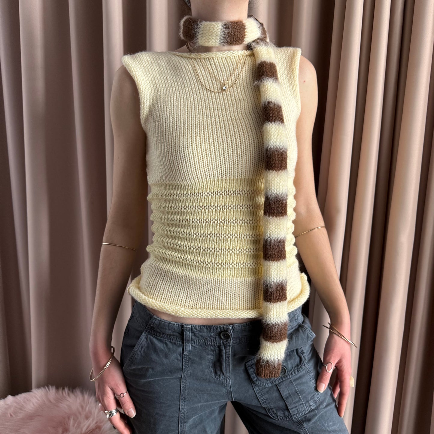 Handmade knitted brown and light yellow mohair striped skinny scarf