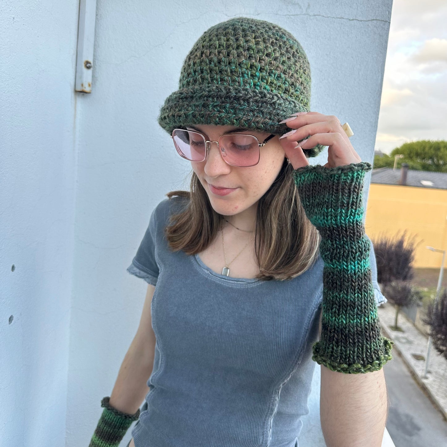 Handmade green and brown chunky ombré crochet bowler hat