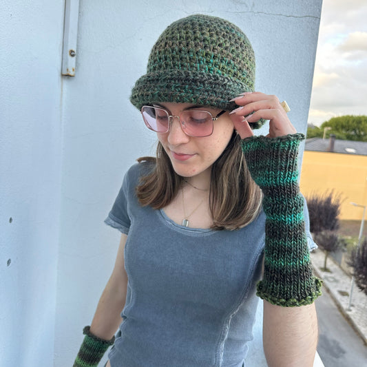 Handmade green and brown chunky ombré crochet bowler hat