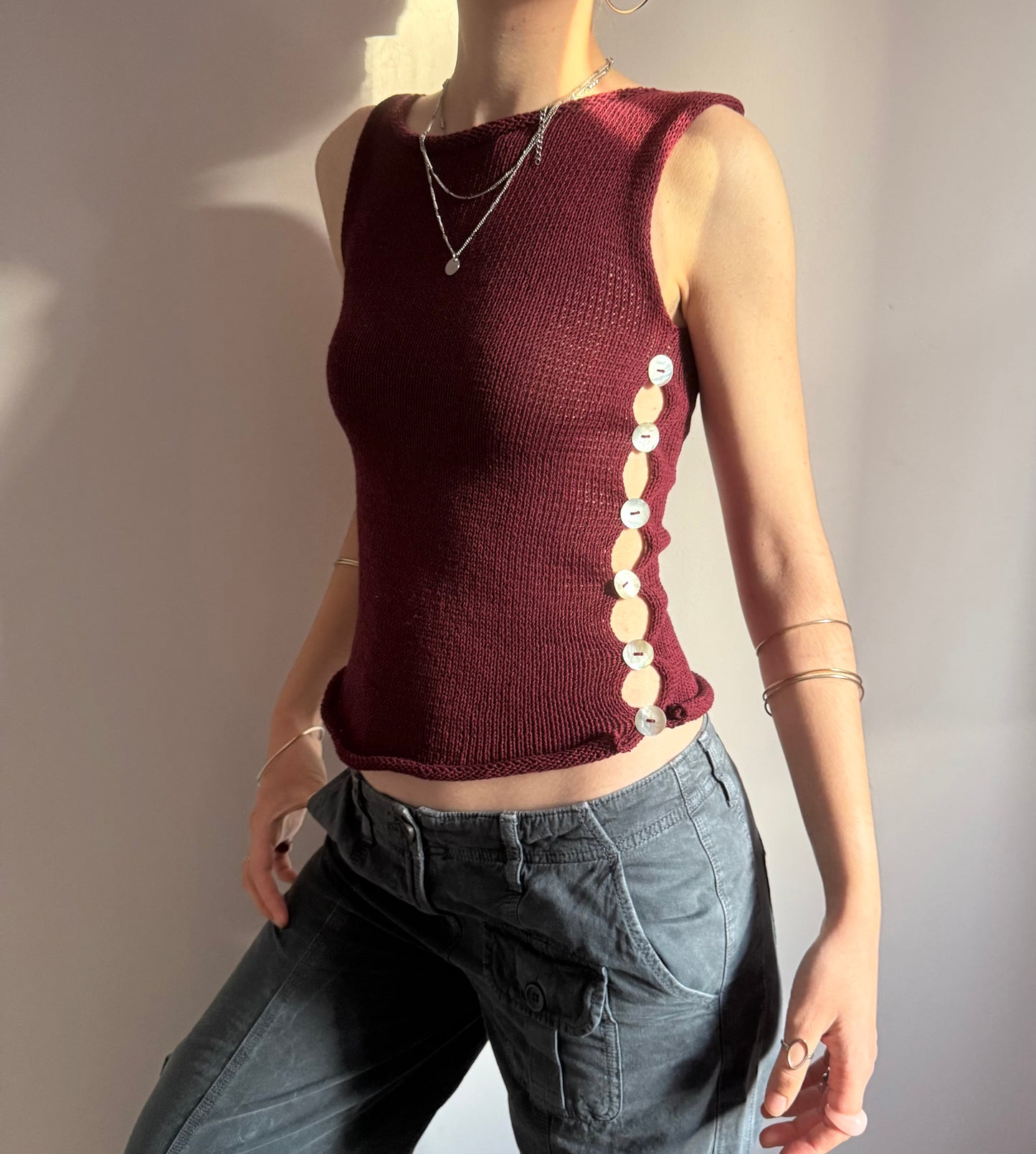 Handmade knitted Pearl Vest - burgundy (pre made in size S).