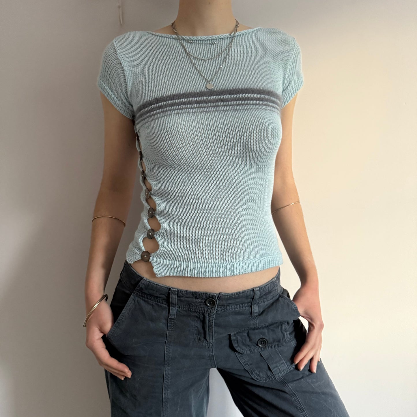 Handmade baby blue and grey striped knit button tee - limited edition 🩵