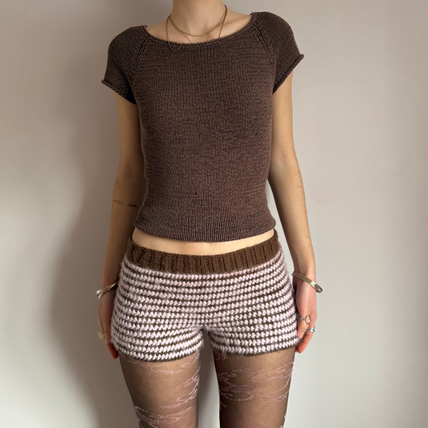 Handmade brown and baby pink mohair striped crochet shorts (pre made in S)
