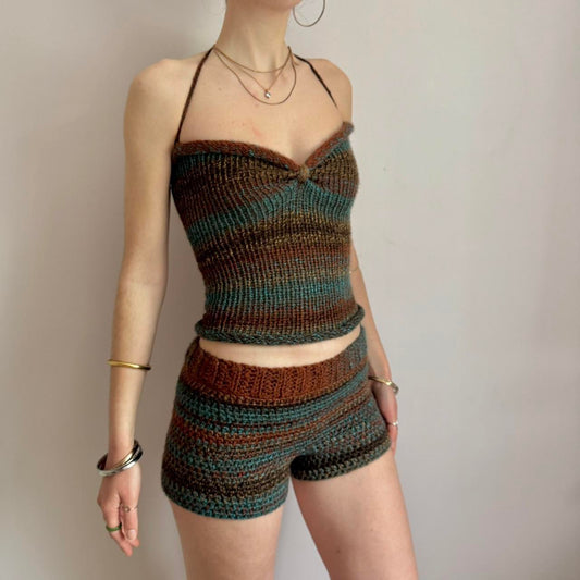 Handmade brown and blue ruched bust ombré knitted halter top