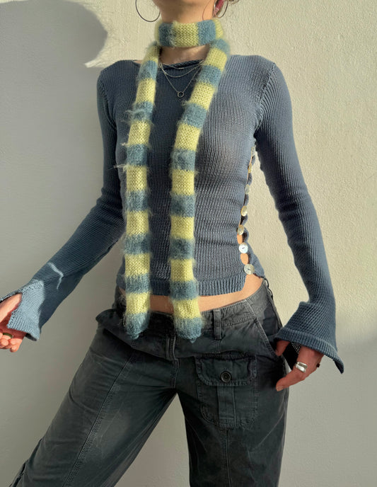 Handmade blue and green mohair striped skinny scarf
