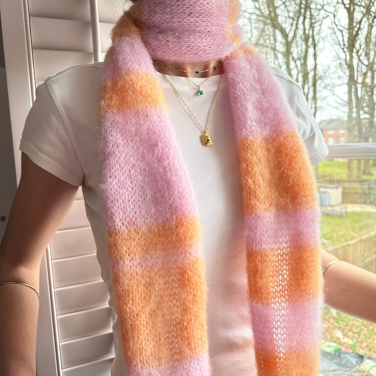 Handmade knitted baby pink and orange fluffy mohair striped scarf