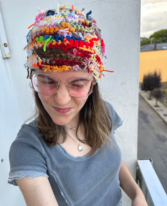 Handmade crochet beanie hat made from leftover scraps of yarn - 1 of 1