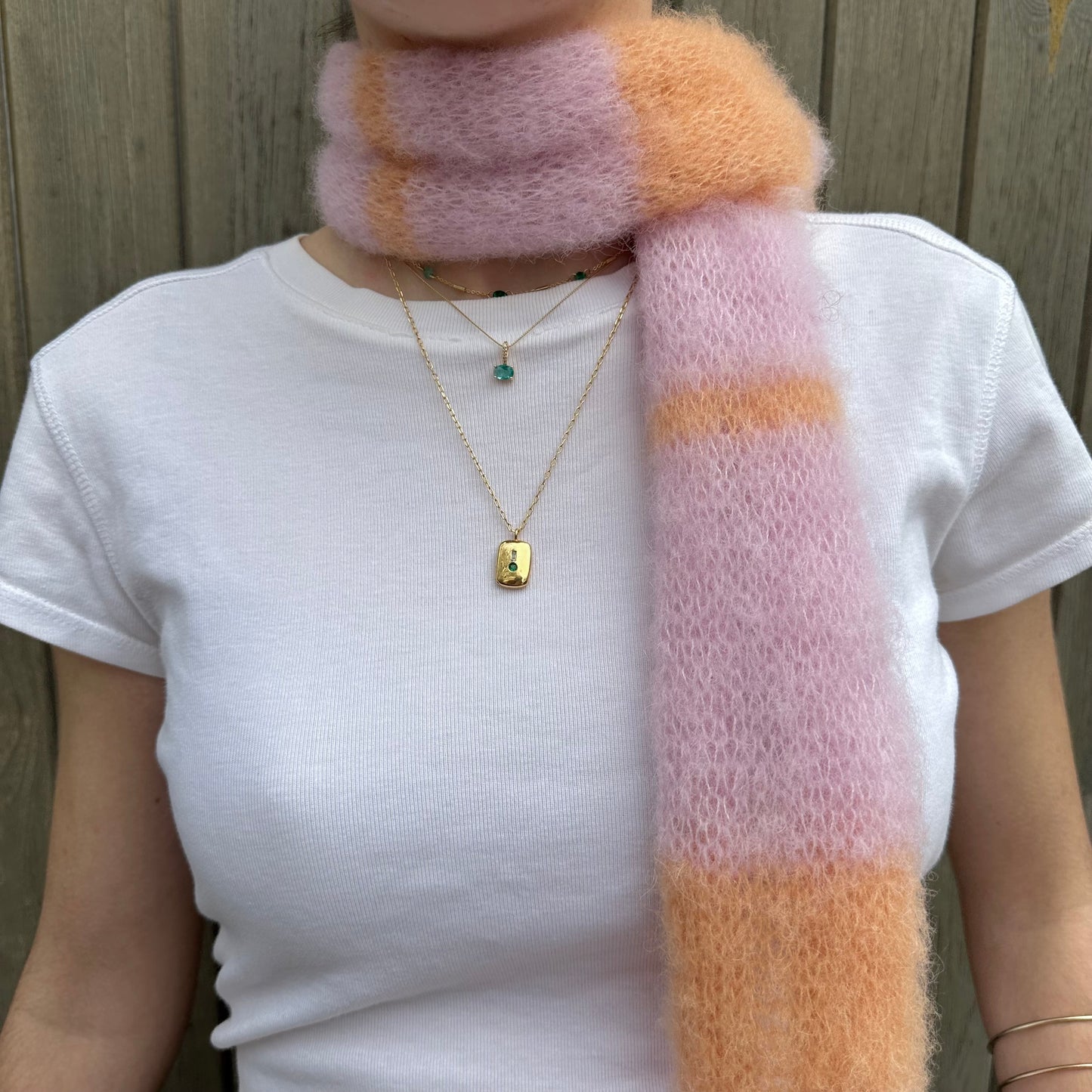 Handmade knitted baby pink and orange fluffy mohair striped scarf