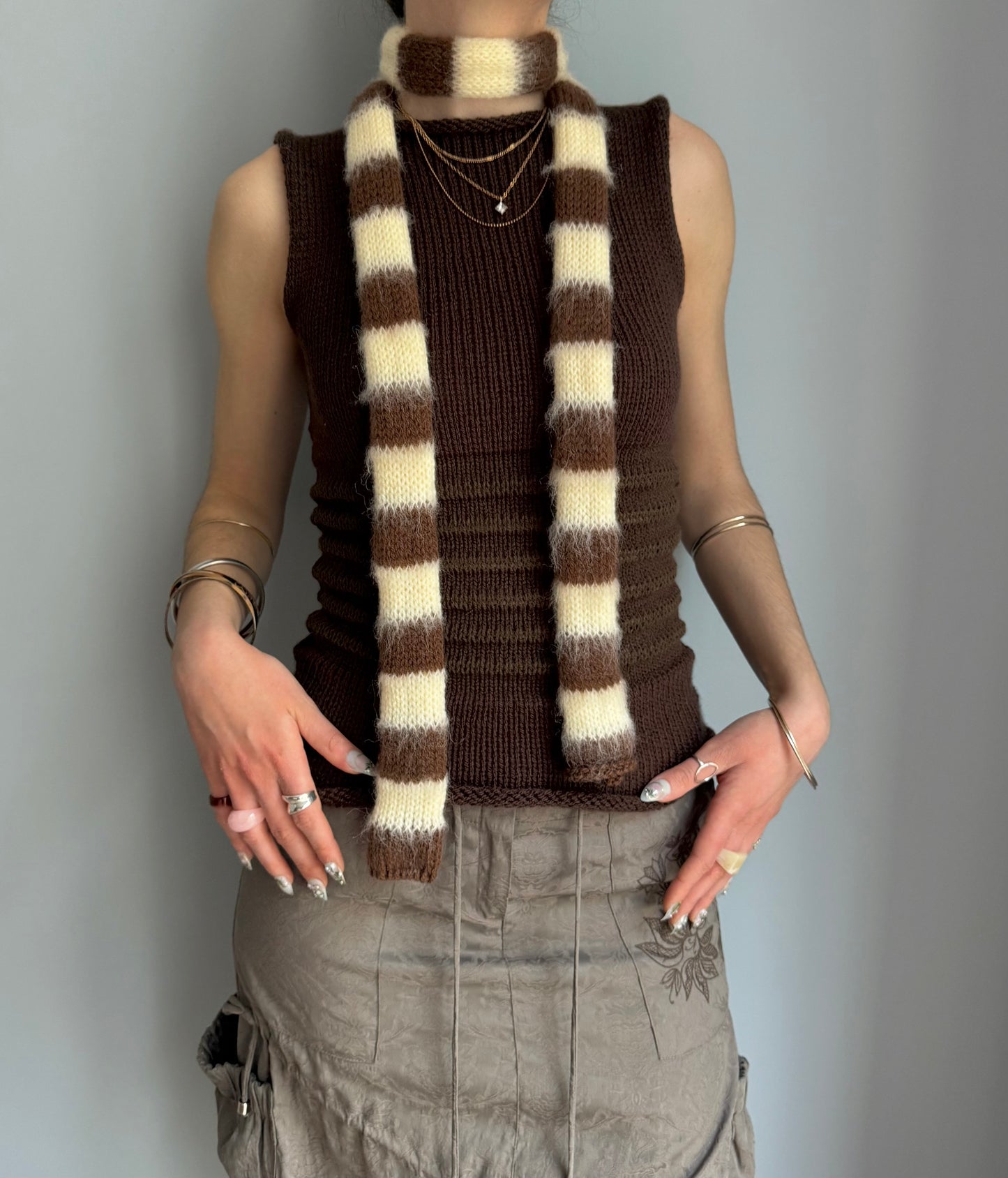 Handmade knitted brown and light yellow mohair striped skinny scarf