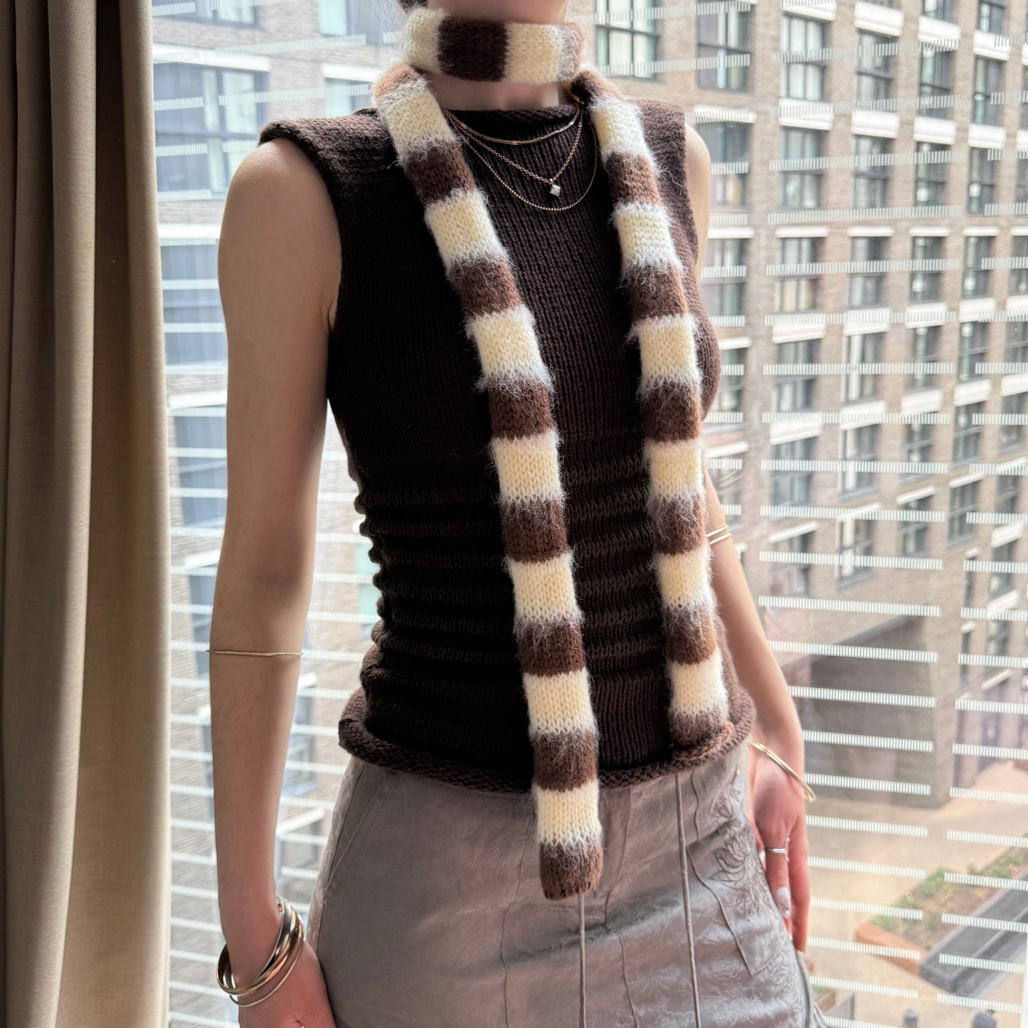Handmade knitted brown and light yellow mohair striped skinny scarf
