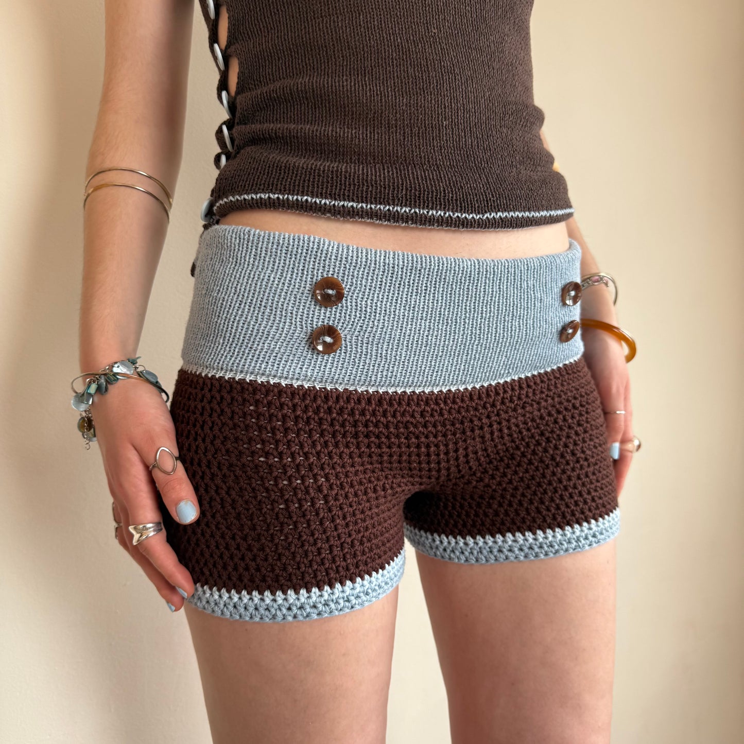 Brown & Baby Blue Button Shorts - limited edition (pre made in S)