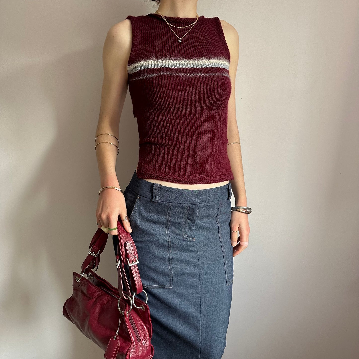 The Bordeaux Vest: handmade burgundy, grey and cream striped knitted tank top - choose with or without bow back
