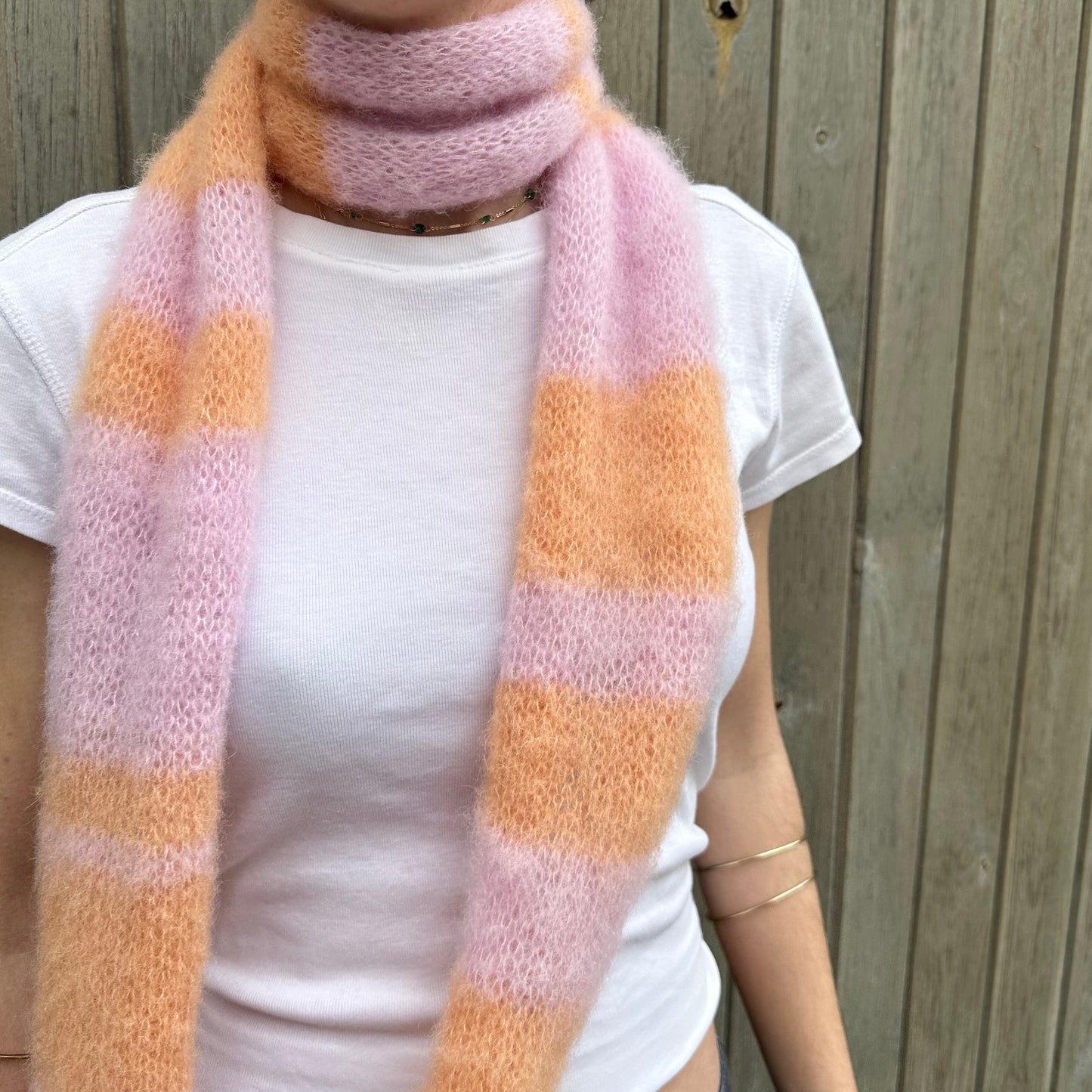 Handmade knitted baby pink and orange fluffy mohair striped scarf